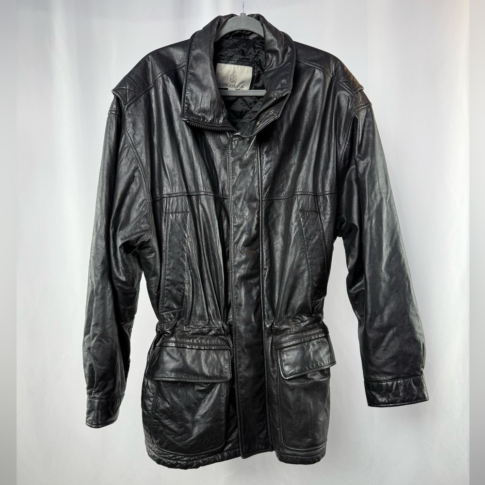Vintage London Fog Leather‎ Cinched Waist Coat in Black Size Extra Large